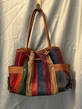 Fossil Satchel Hobo Bucket Bag Purse Multi-Color Leather & Suede VGUC few marks